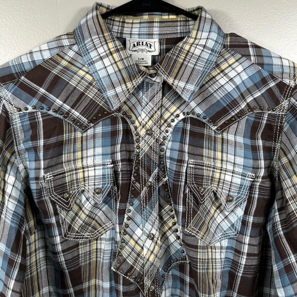 Ariat Women’s Snap Button Down Plaid Shirt Size Large - Brown / Blue / Grey - Picture 4 of 8
